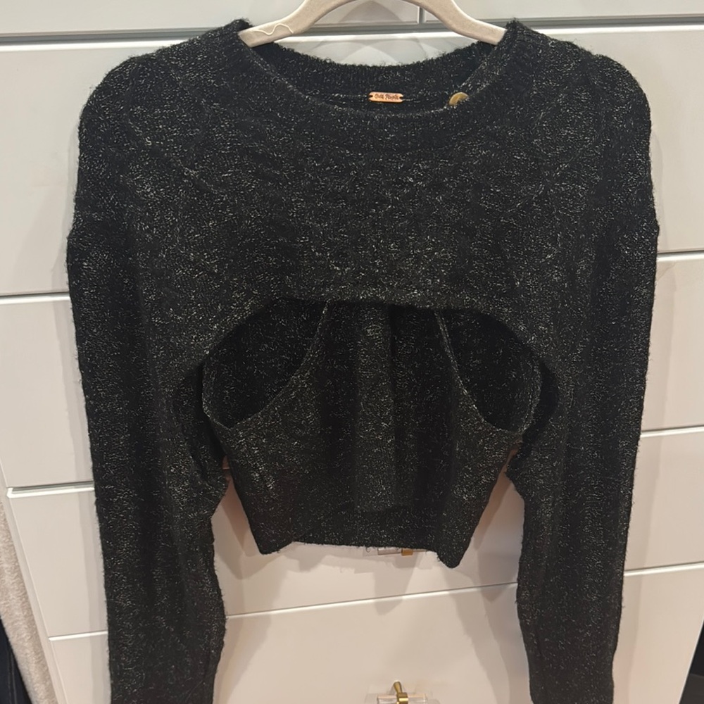 Free People Black Crew Neck Sweater with Cut-Out Design